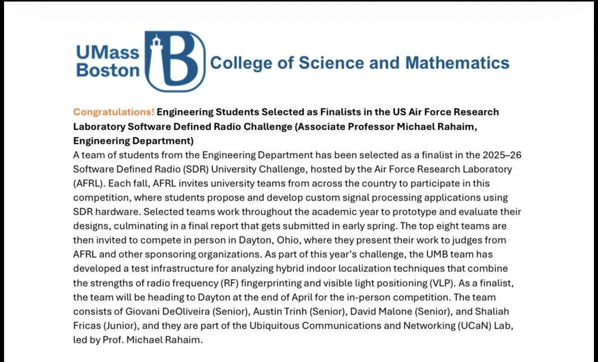 UMass Boston College of Science and Mathematics announcement congratulating the engineering students selected as AFRL SDR Challenge finalists
