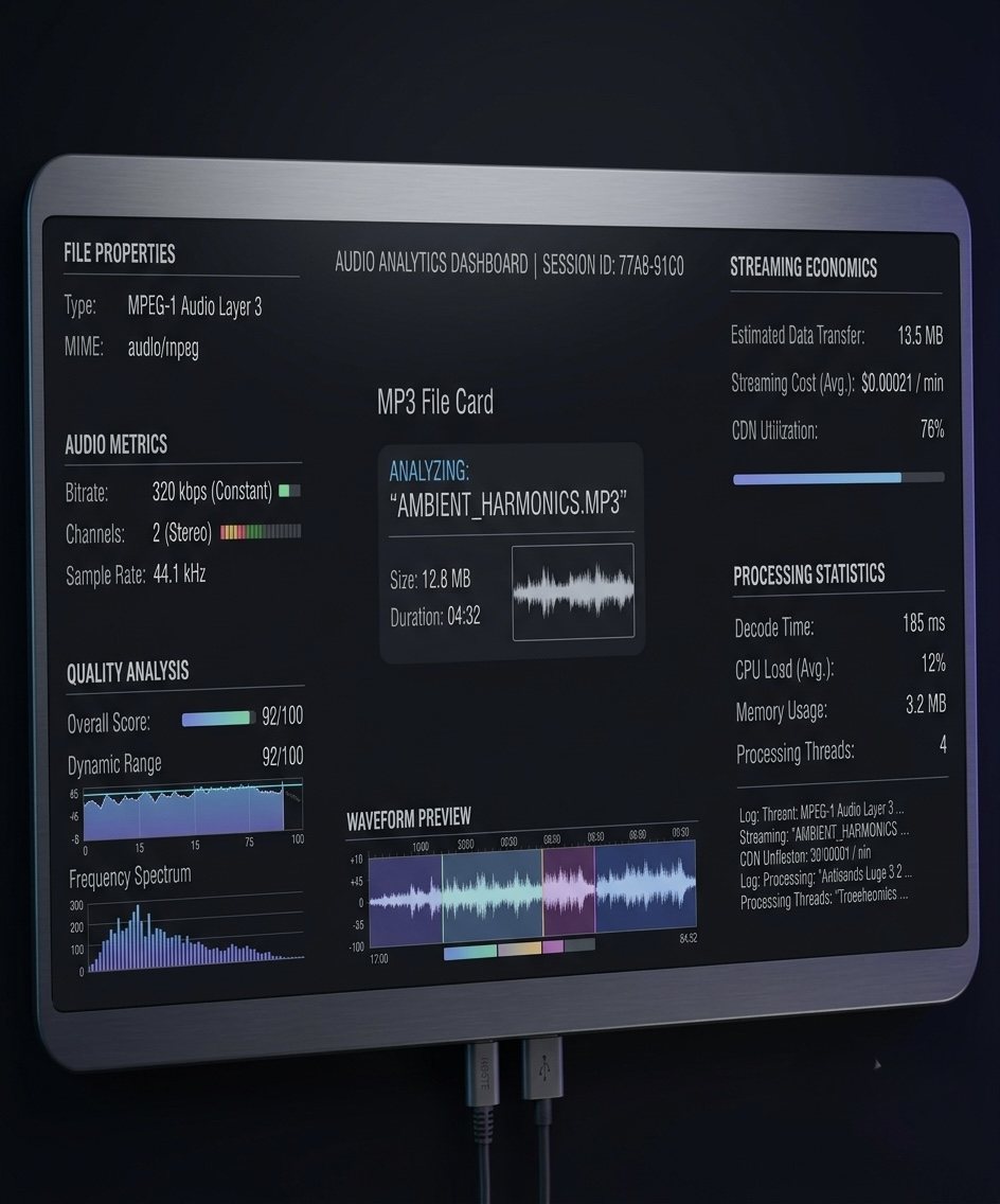 Audio analytics dashboard showing file properties, quality analysis, and waveform preview