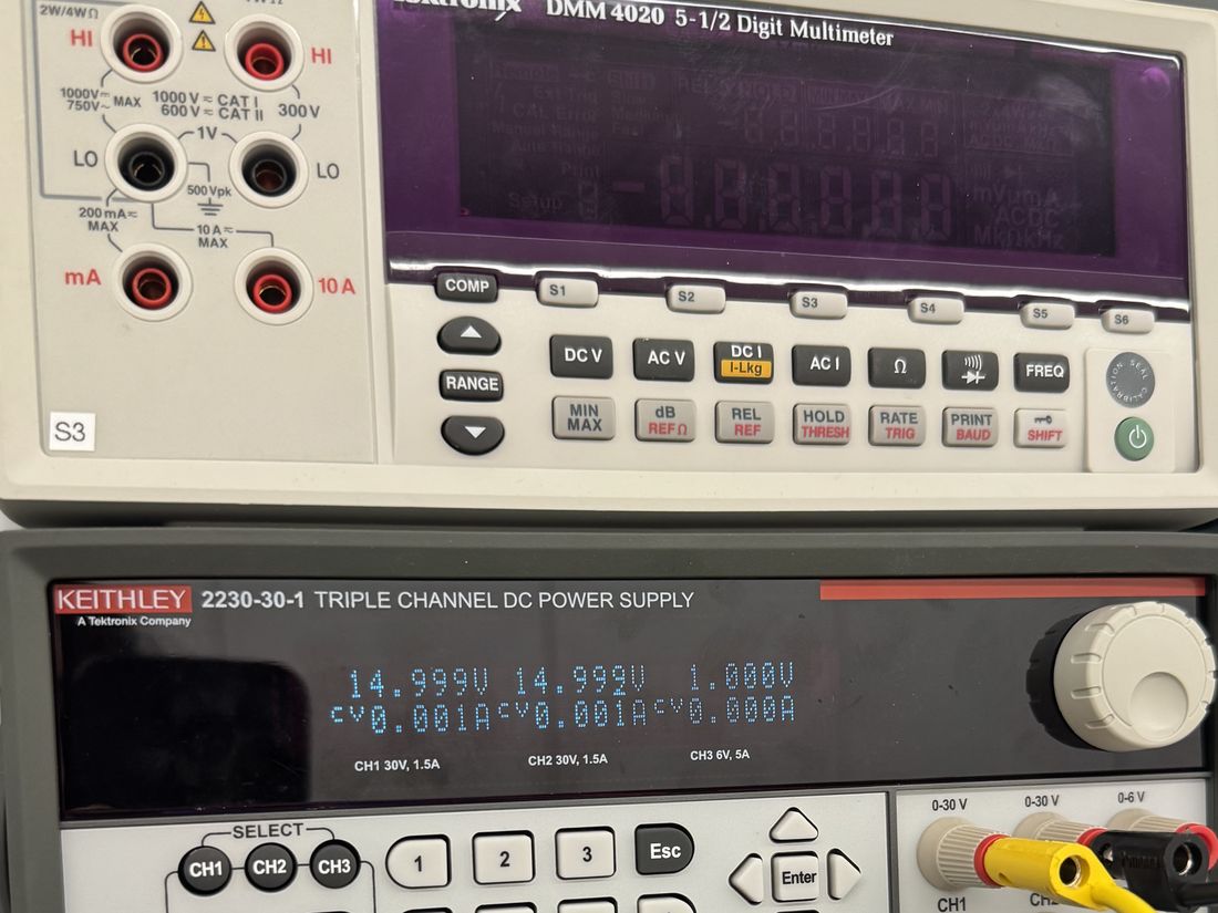 Tektronix DMM 4020 multimeter above a Keithley 2230-30-1 triple channel DC power supply