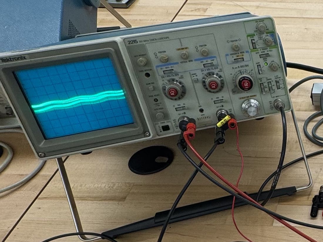 Tektronix 2215 oscilloscope and BK Precision function generator on the circuits bench