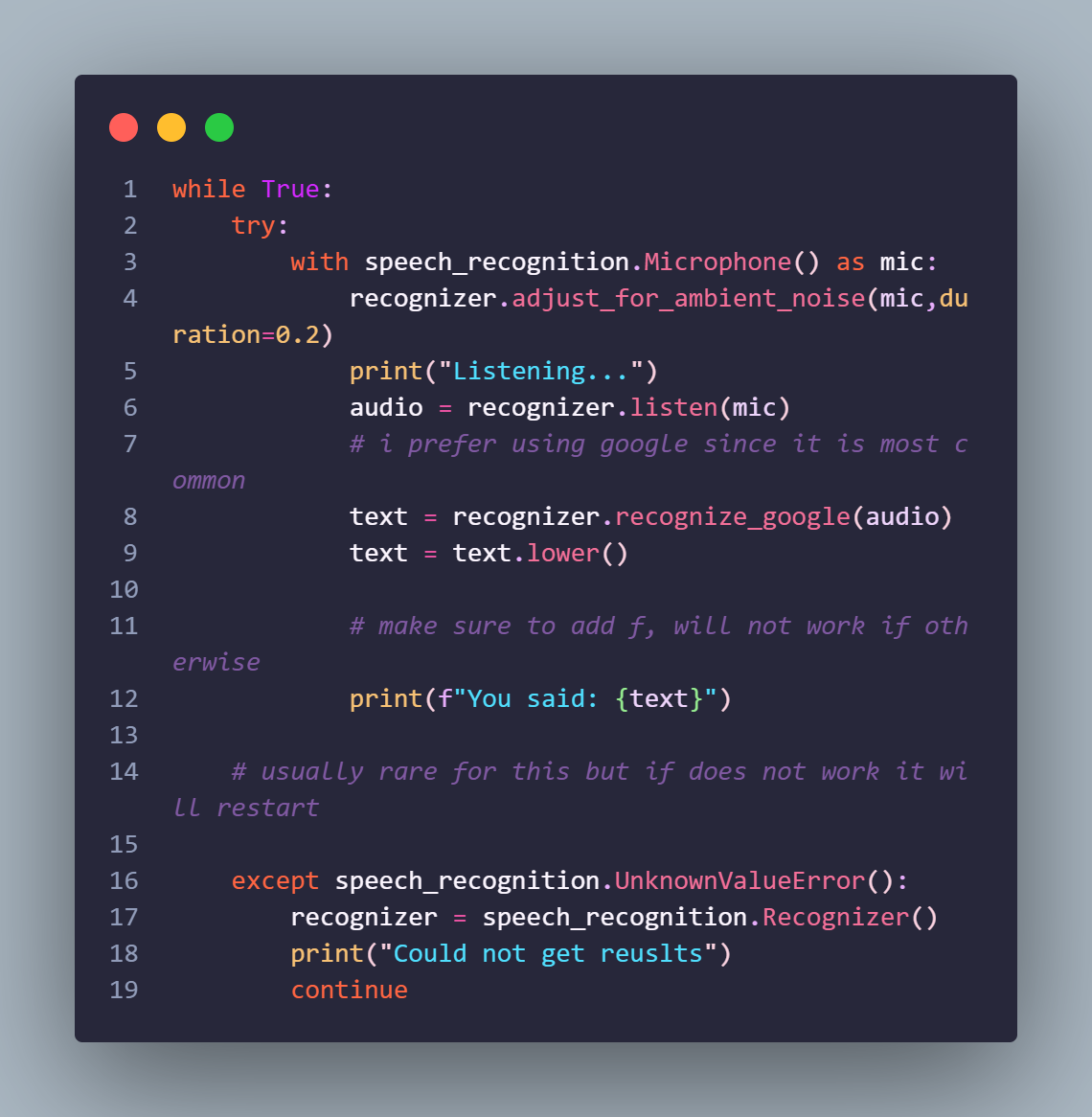 Python speech-recognition code snippet using the microphone and Google recognizer